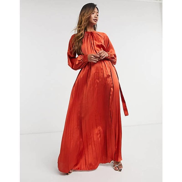 ASOS Dresses & Skirts - ASOS DESIGN Satin Pleated Trapeze Maxi Dress Tie Waist NWOT Size 12 Flowy Boho
